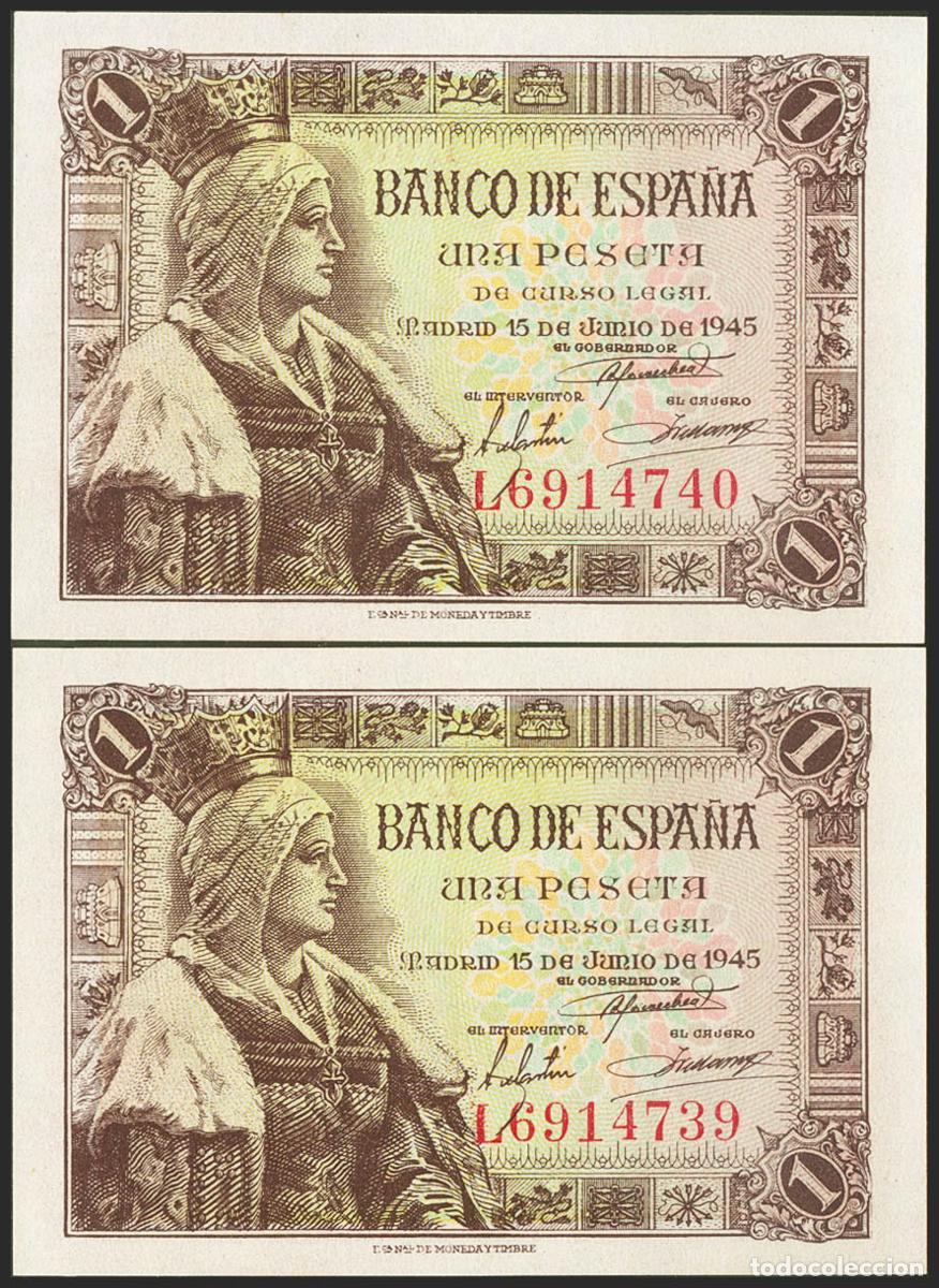 Billetes espa&ntilde;oles: 1 Peseta. 15 de Junio de 1945. Pareja correlativa. Serie L. (Edifil 2021: 448a). Apresto original. S