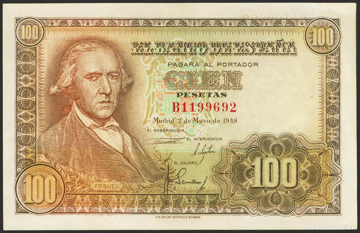 Billetes espa&ntilde;oles: 100 Pesetas. 2 de Mayo de 1948. Serie B. (Edifil 2021: 456a). Conserva parte de su apresto original.