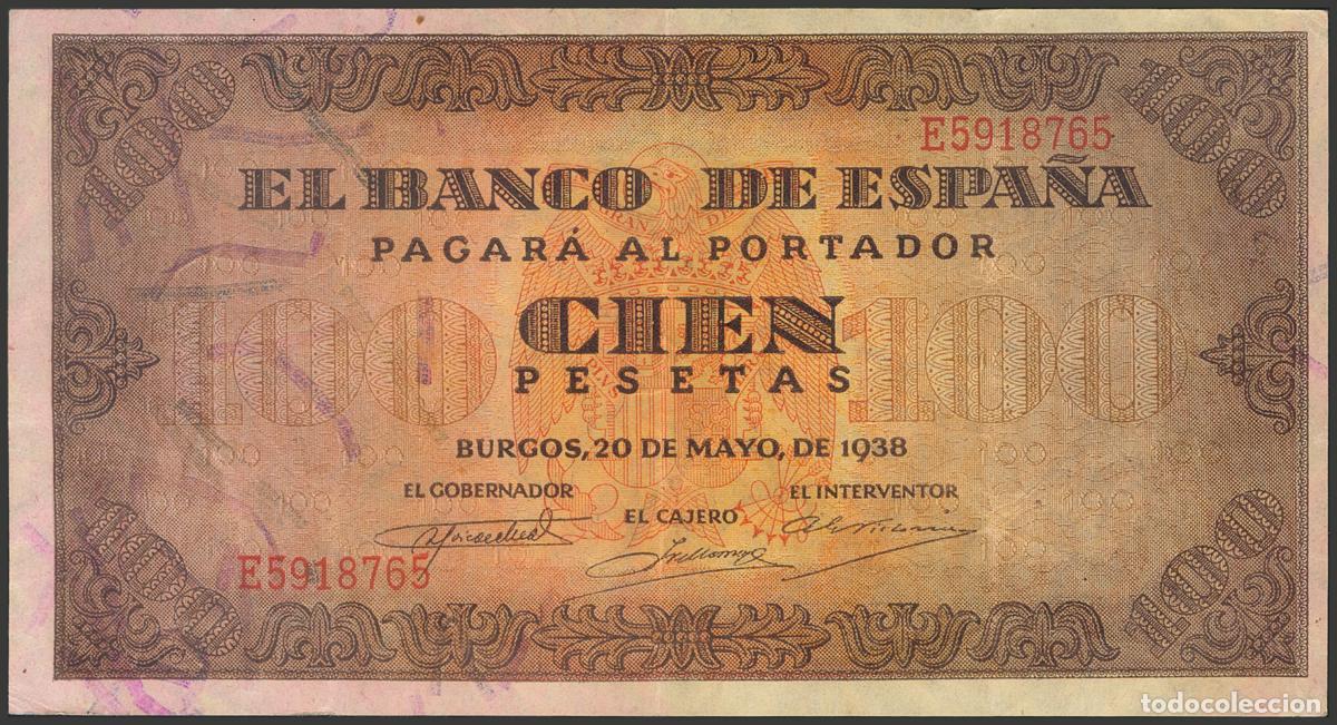 Billetes espa&ntilde;oles: 100 Pesetas. 20 de Mayo de 1938. Serie E. (Edifil 2017: 432a). Conserva parte del apresto original.