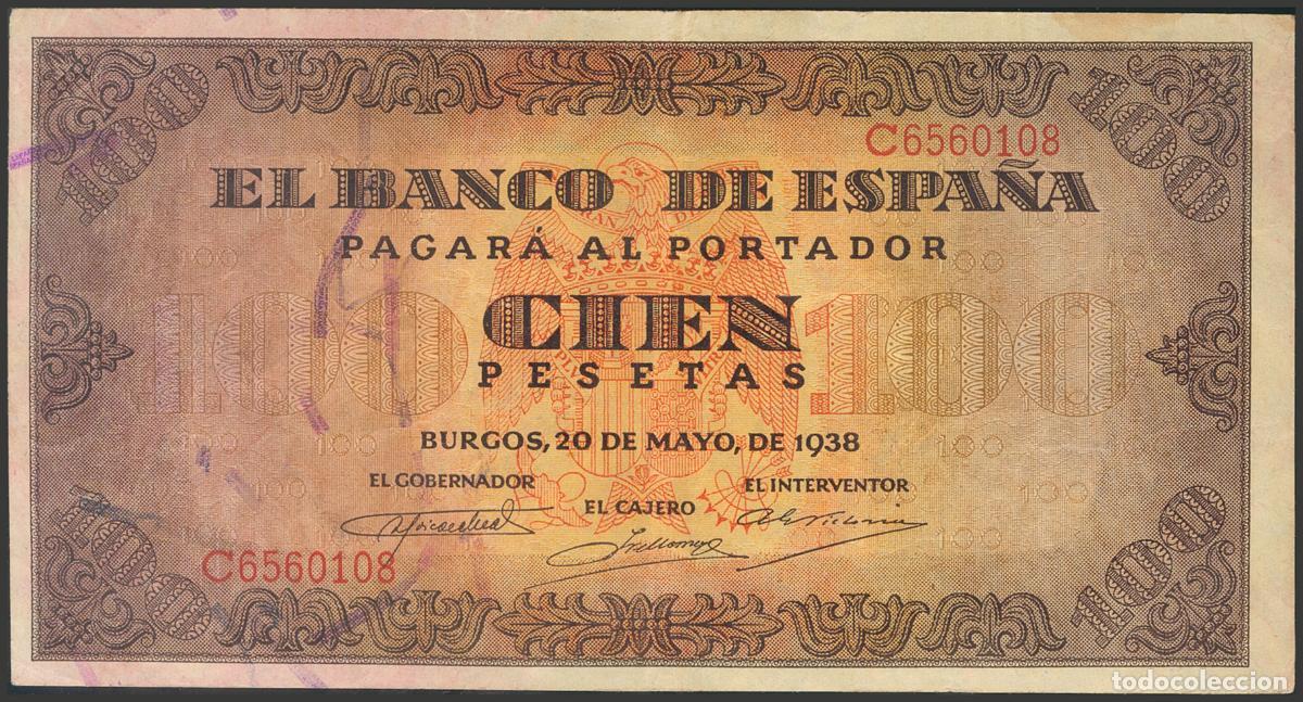 Billetes espa&ntilde;oles: 100 Pesetas. 20 de Mayo de 1938. Serie C. (Edifil 2017: 432a). Conserva parte del apresto original.