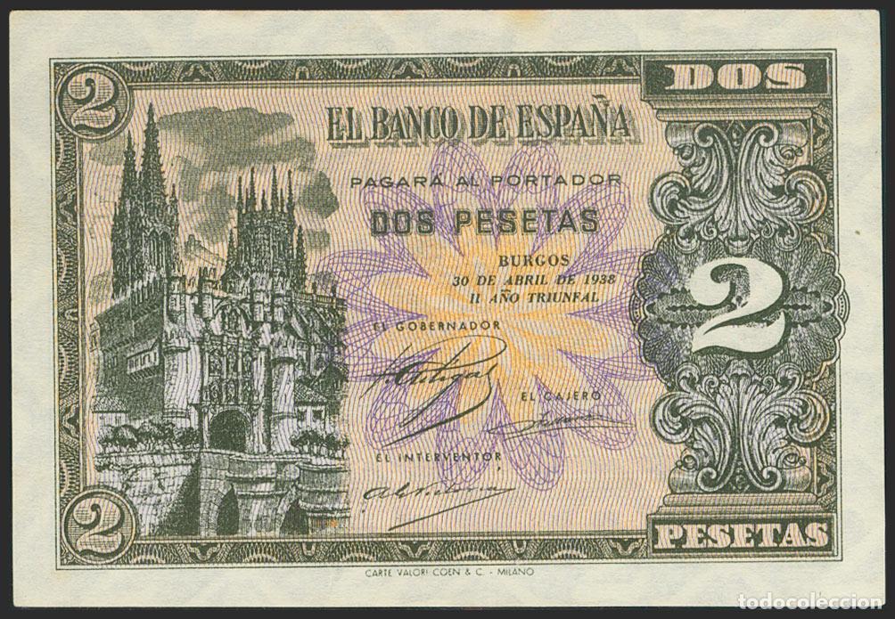 Billetes espa&ntilde;oles: 2 Pesetas. 30 de Abril de 1938. Serie N, &uacute;ltima serie emitida. (Edifil 2021: 429a). Apresto original