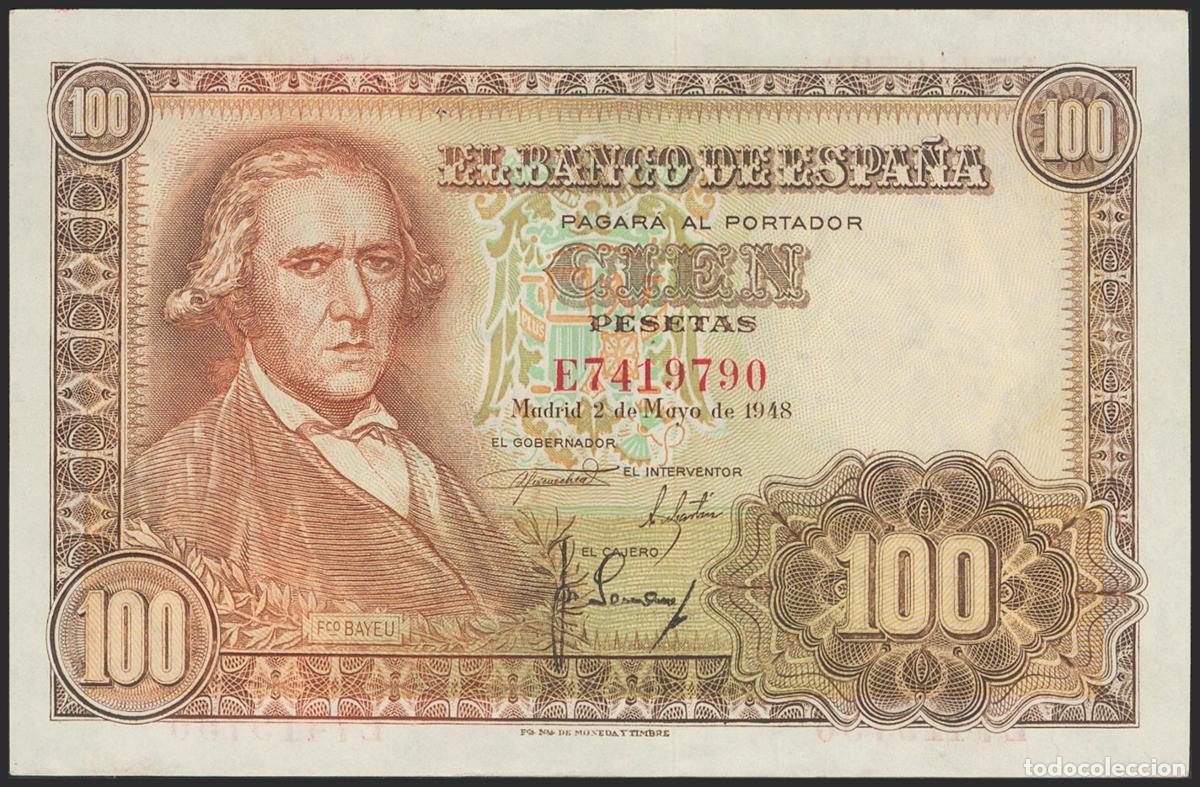 Billetes espa&ntilde;oles: 100 Pesetas. 2 de Mayo de 1948. Serie E. (Edifil 2021: 456a). Puntitos de grapa, conserva gran parte