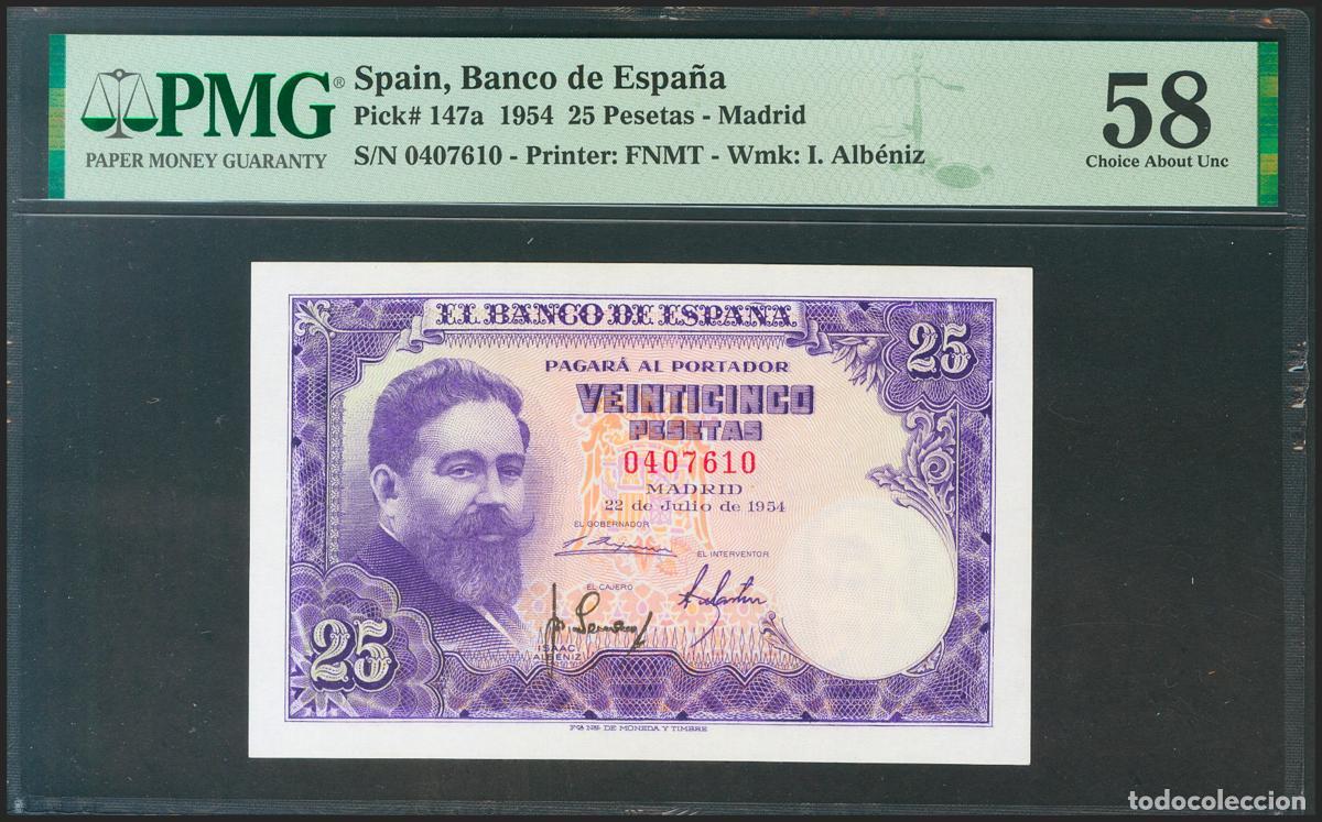 Billetes espa&ntilde;oles: 25 Pesetas. 22 de Julio de 1954. Sin serie. (Edifil 2021: 467, Pick: 147a). EBC++. Encapsulado PMG58