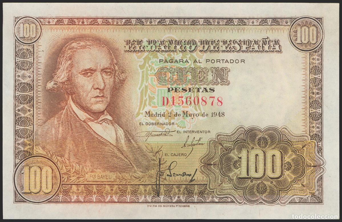 Billetes espa&ntilde;oles: 100 Pesetas. 2 de Mayo de 1948. Serie D. (Edifil 2021: 456a). Conserva gran parte del apresto origin