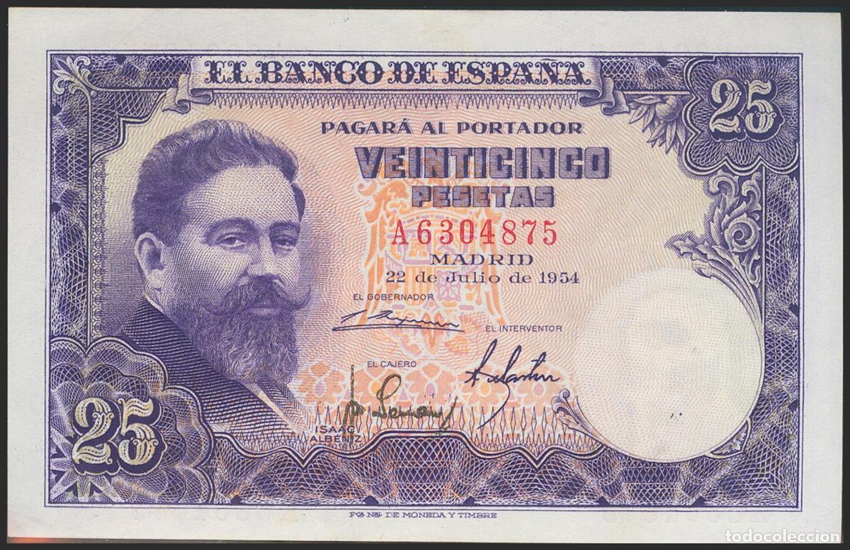 Billetes espa&ntilde;oles: 25 Pesetas. 22 de Julio de 1954. Serie A. (Edifil 2021: 467a). Apresto original. SC-.. 25 Pesetas. 2