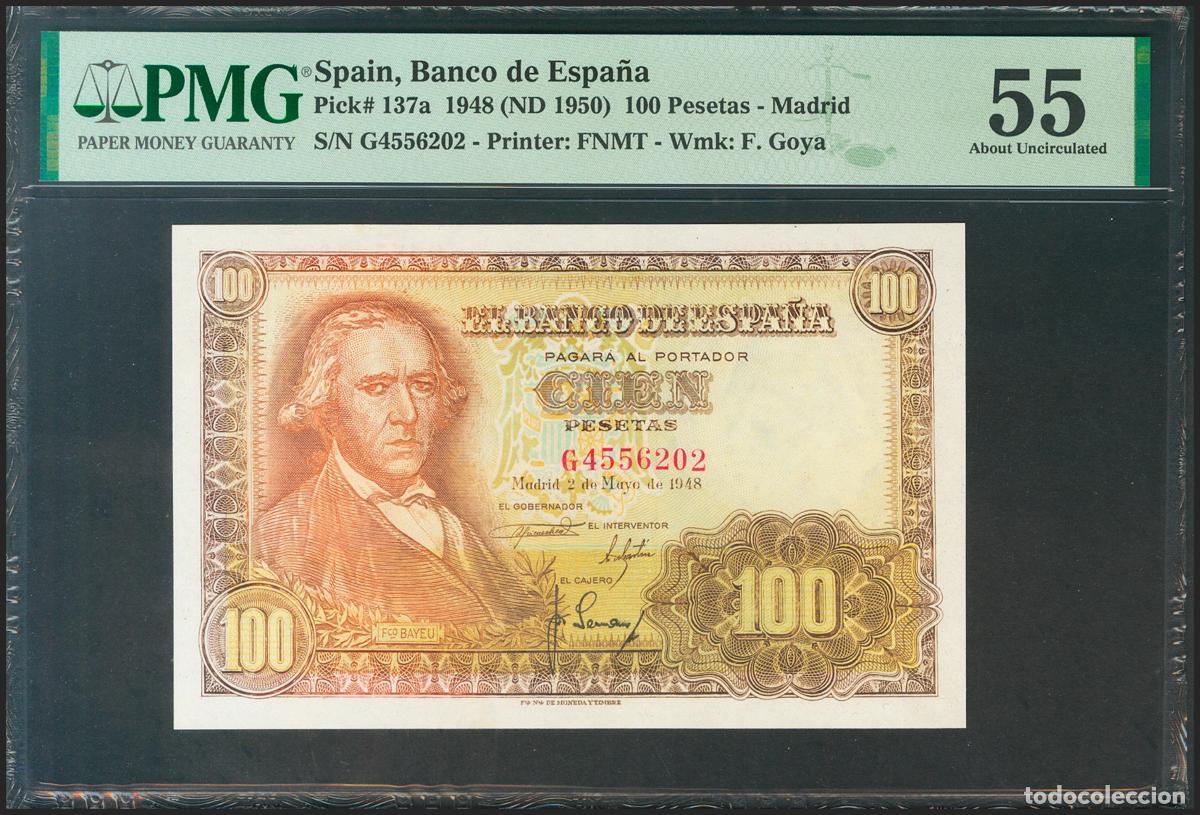 Billetes espa&ntilde;oles: 100 Pesetas. 2 de Mayo de 1948. Serie G. (Edifil 2021: 456a, Pick: 137a). EBC+. Encapsulado PMG55..