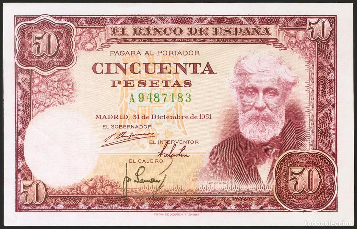 Billetes espa&ntilde;oles: 50 Pesetas. 31 de Diciembre de 1951. Serie A. (Edifil 2021: 462a). Conserva todo su apresto original