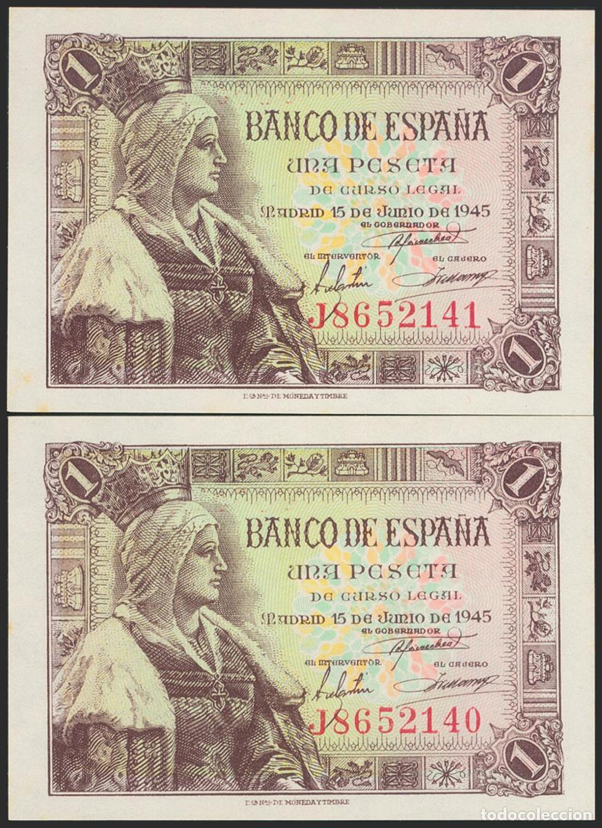 Billetes espa&ntilde;oles: 1 Peseta. 15 de Junio de 1945. Pareja correlativa. Serie J. (Edifil 2021: 448a). Apresto original. S