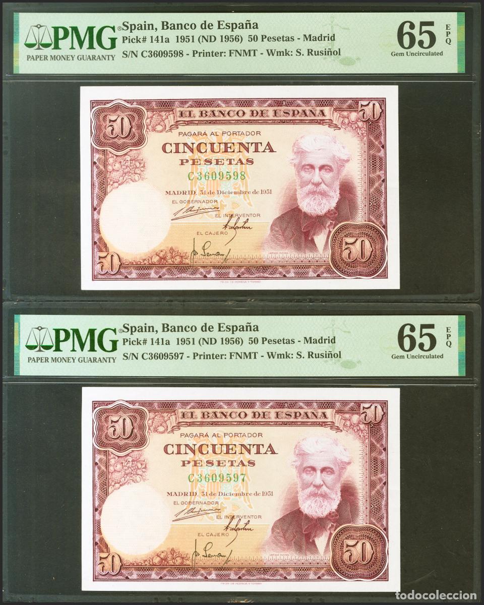Billetes espa&ntilde;oles: 50 Pesetas. 31 de Diciembre de 1951. Pareja correlativa. Serie C. (EDifil 2021: 462a). Inusual en es