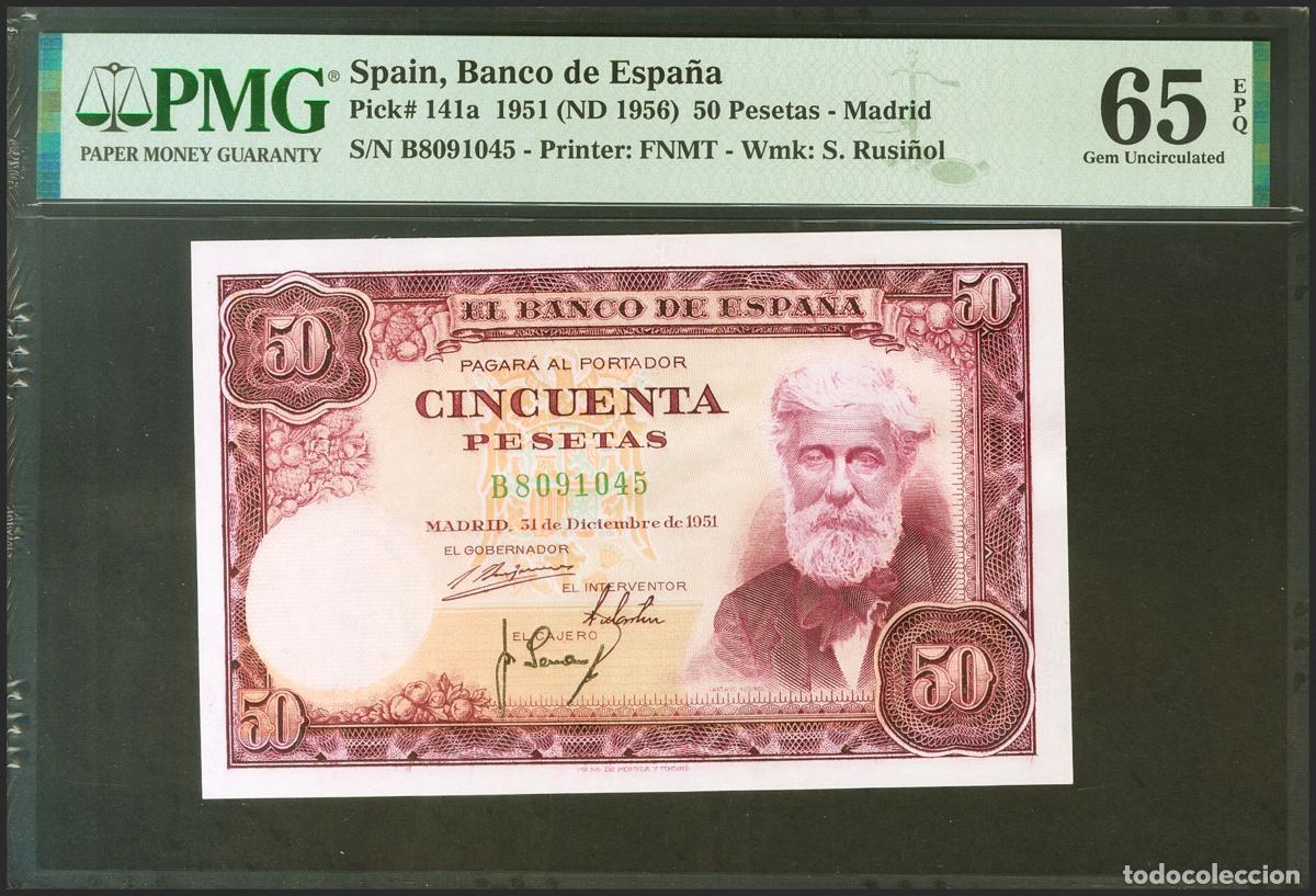Billetes espa&ntilde;oles: 50 Pesetas. 31 de Diciembre de 1951. Serie B. (Edifil 2021: 462a, Pick: 141a). Inusual en esta calid