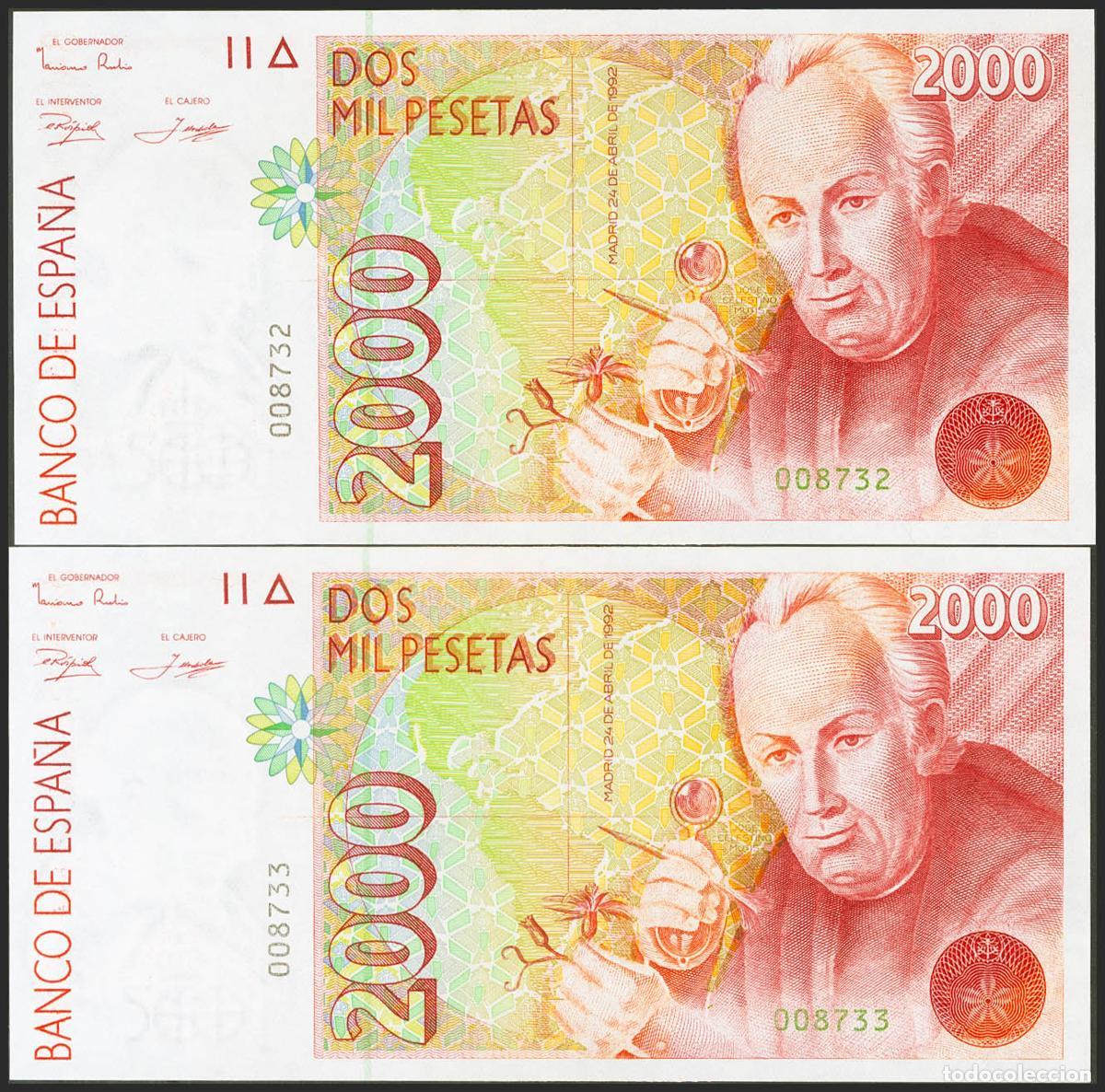 Spanische Banknoten: 2000 Pesetas. 24 de Abril de 1992. Pareja correlativa. Sin serie y numeraci&oacute;n baj&iacute;sima. (Edifil 2021