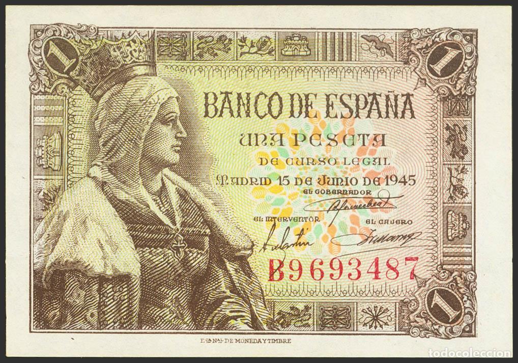 Spanische Banknoten: 1 Peseta. 15 de Junio de 1945. Serie B. (Edifil 2021: 448a). Apresto original. SC.. 1 Peseta. 15 de