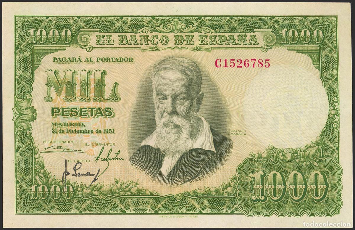 Spanische Banknoten: 1000 Pesetas. 31 de Diciembre de 1951. Serie C. (Edifil 2023: 463b). Conserva gran parte de su apres