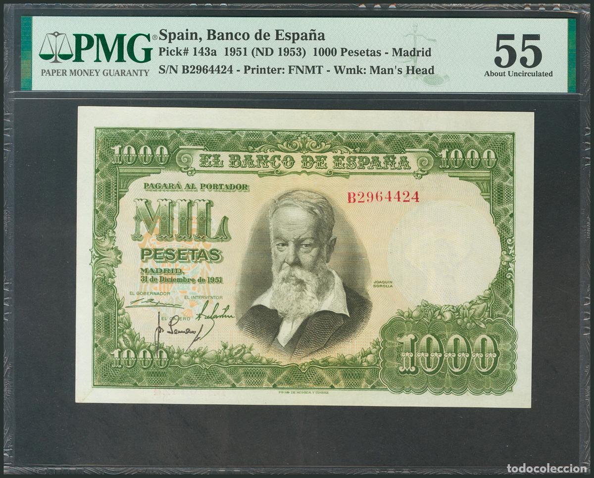 Spanische Banknoten: 1000 Pesetas. 31 de Diciembre de 1951. Serie B. (Edifil 2017: 463a). EBC+. Encapsulado PMG55.. 1000