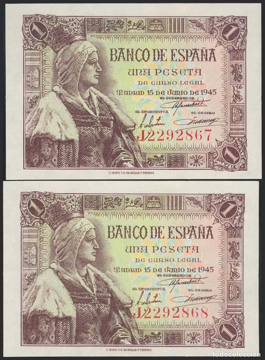 Billetes espa&ntilde;oles: 1 Peseta. 15 de Junio de 1945. Pareja correlativa. Serie J. (Edifil 2021: 448a). Apresto original. S