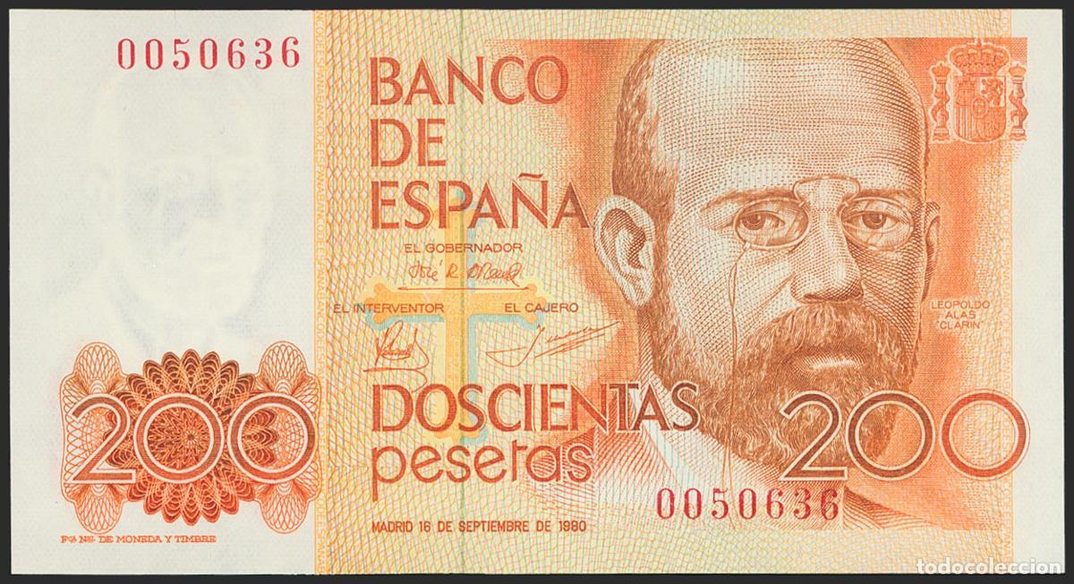 Billetes espa&ntilde;oles: 200 Pesetas. 16 de Septiembre de 1980. Sin serie y numeraci&oacute;n muy baja. (Edifil 2021: 480). SC.. 200