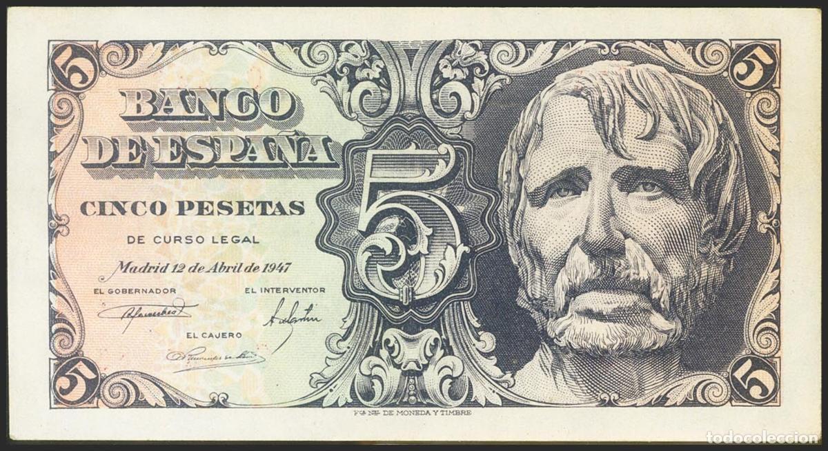 Billetes espa&ntilde;oles: 5 Pesetas. 12 de Abril de 1947. Serie C. (Edifil 2021: 454a). Manchitas del tiempo y apresto origina