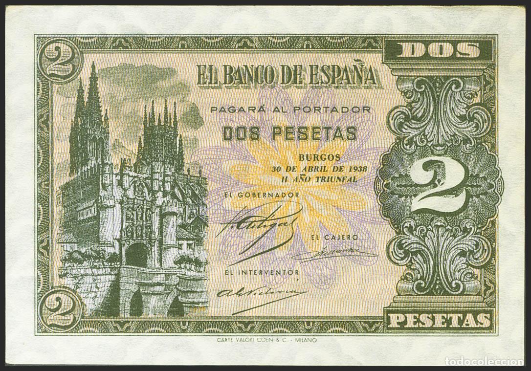 Billetes espa&ntilde;oles: 2 Pesetas. 30 de Abril de 1938. Serie D. (Edifil 2021: 429a). Apresto original. SC-.. 2 Pesetas. 30
