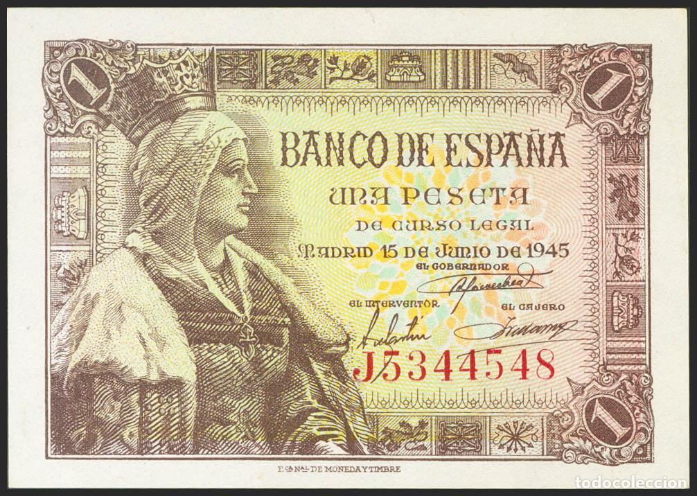 Billetes espa&ntilde;oles: 1 Peseta. 15 de Junio de 1945. Serie J. (Edifil 2021: 448a). Apresto original. SC-.. 1 Peseta. 15 de