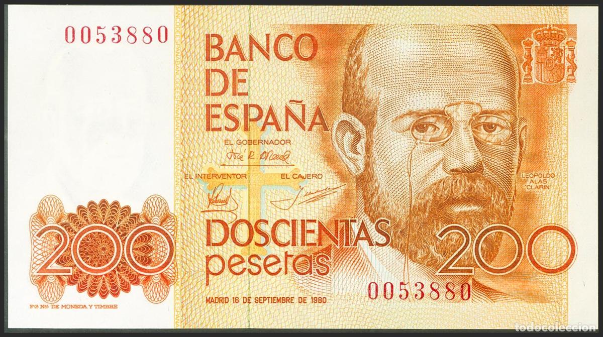 Billetes espa&ntilde;oles: 200 Pesetas. 16 de Septiembre de 1980. Sin serie y numeraci&oacute;n muy baja. (Edifil 2021: 480). SC.. 200