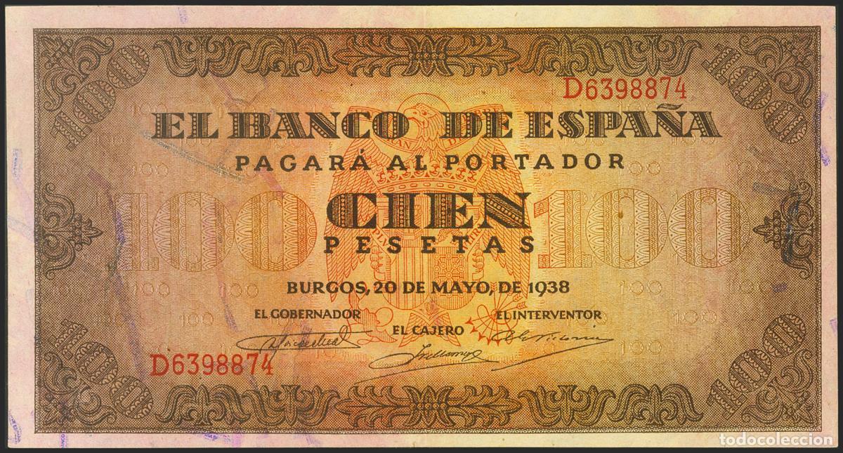 Billetes espa&ntilde;oles: 100 Pesetas. 20 de Mayo de 1938. Serie D. (Edifil 2021: 432a). Conserva gran parte de su apresto ori