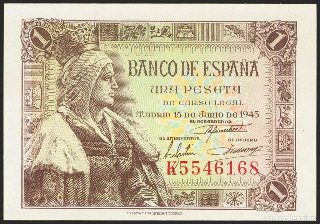 Billetes espa&ntilde;oles: 1 Peseta. 15 de Junio de 1945. Serie K. (Edifil 2021: 448a). Apresto original. SC.. 1 Peseta. 15 de