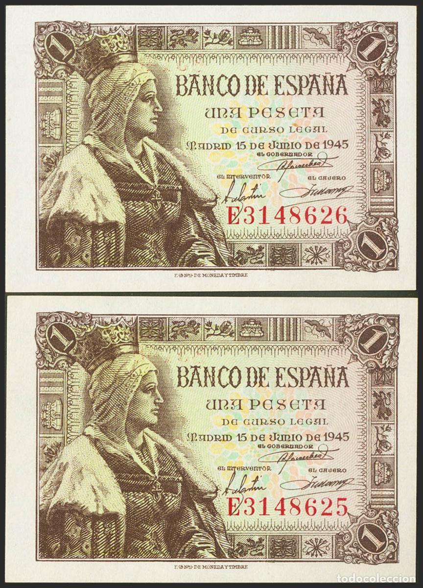 Billetes espa&ntilde;oles: 1 Peseta. 15 de Junio de 1945. Pareja correlativa. Serie E. (Edifil 2021: 448a). Apresto original. S