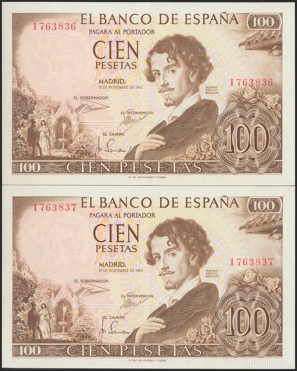 Billetes espa&ntilde;oles: 100 Pesetas. 19 de Noviembre de 1965. Pareja correlativa. Sin serie. (Edifil 2017: 470). Apresto ori