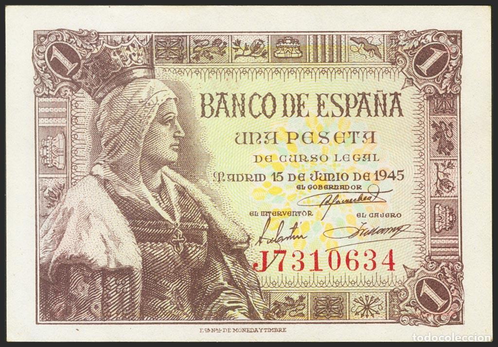 Billetes espa&ntilde;oles: 1 Peseta. 15 de Junio de 1945. Serie J. (Edifil 2021: 448a). Apresto original. SC-.. 1 Peseta. 15 de