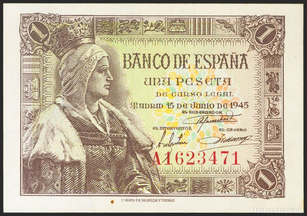 Billetes espa&ntilde;oles: 1 Peseta. 15 de Junio de 1945. Serie A. (Edifil 2021: 448a). Apresto original. SC-.. 1 Peseta. 15 de