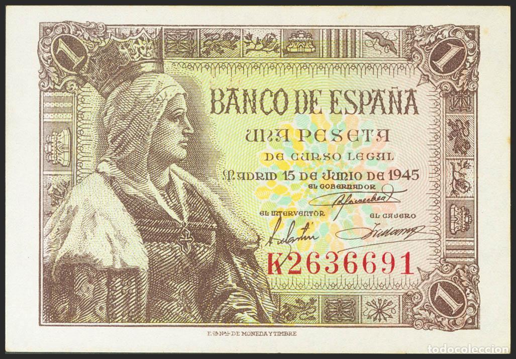 Billetes espa&ntilde;oles: 1 Peseta. 15 de Junio de 1945. Serie K. (Edifil 2021: 448a). Apresto original. SC-.. 1 Peseta. 15 de