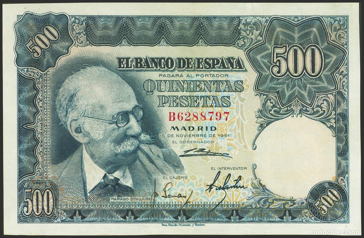 Billetes espa&ntilde;oles: 500 Pesetas. 15 de Noviembre de 1951. Serie B. (Edifil 2021: 460a). Conserva todo su apresto origina