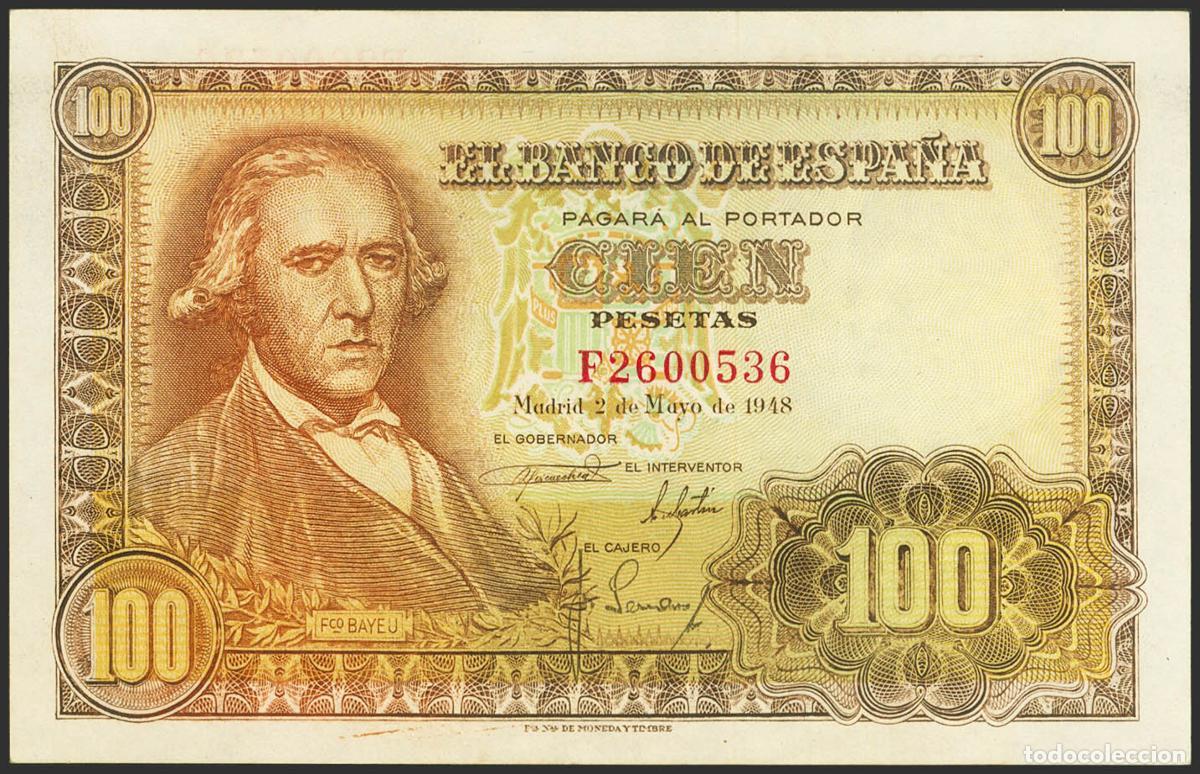 Billetes espa&ntilde;oles: 100 Pesetas. 2 de Mayo de 1948. Serie F. (Edifil 2023: 456a). Conserva gran parte del apresto origin
