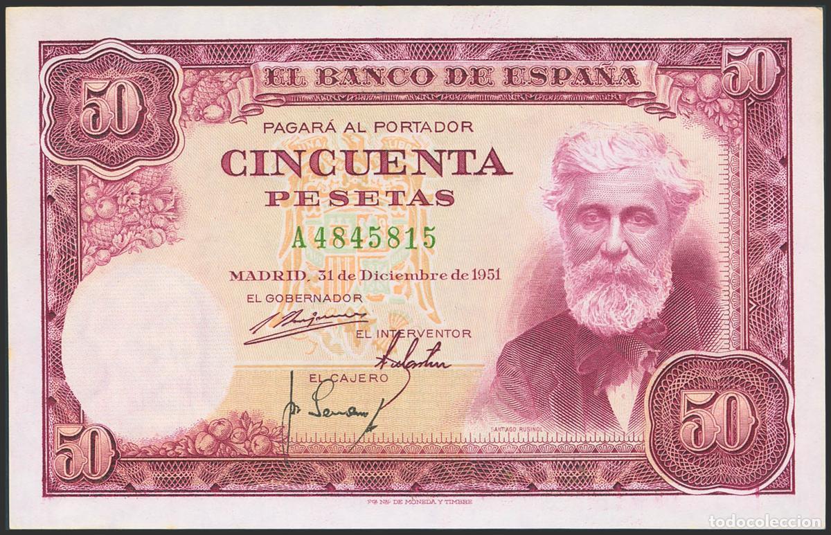 Billetes espa&ntilde;oles: 50 Pesetas. 31 de Diciembre de 1951. Serie A. (Edifil 2023: 462a). Conserva todo su apresto original