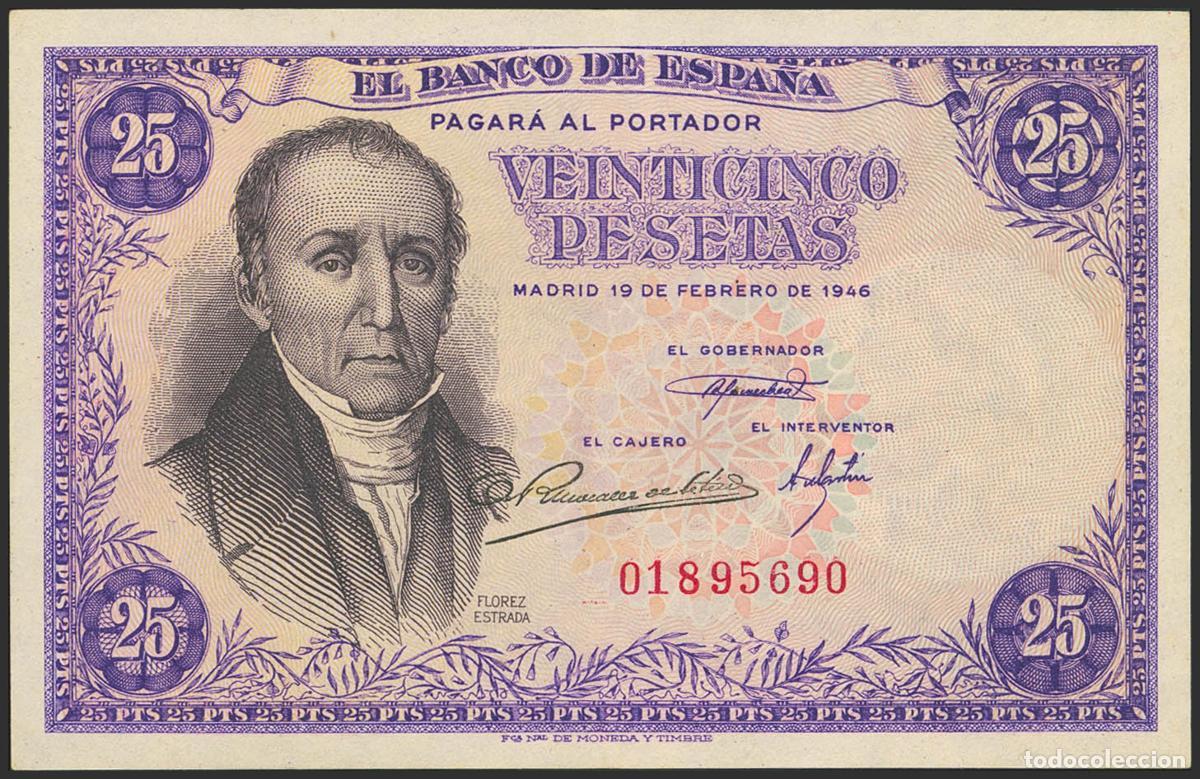Billetes espa&ntilde;oles: 25 Pesetas. 19 de Febrero de 1949. Sin serie. (Edifil 2021: 450). EBC+.. 25 Pesetas. 19 de Febrero d