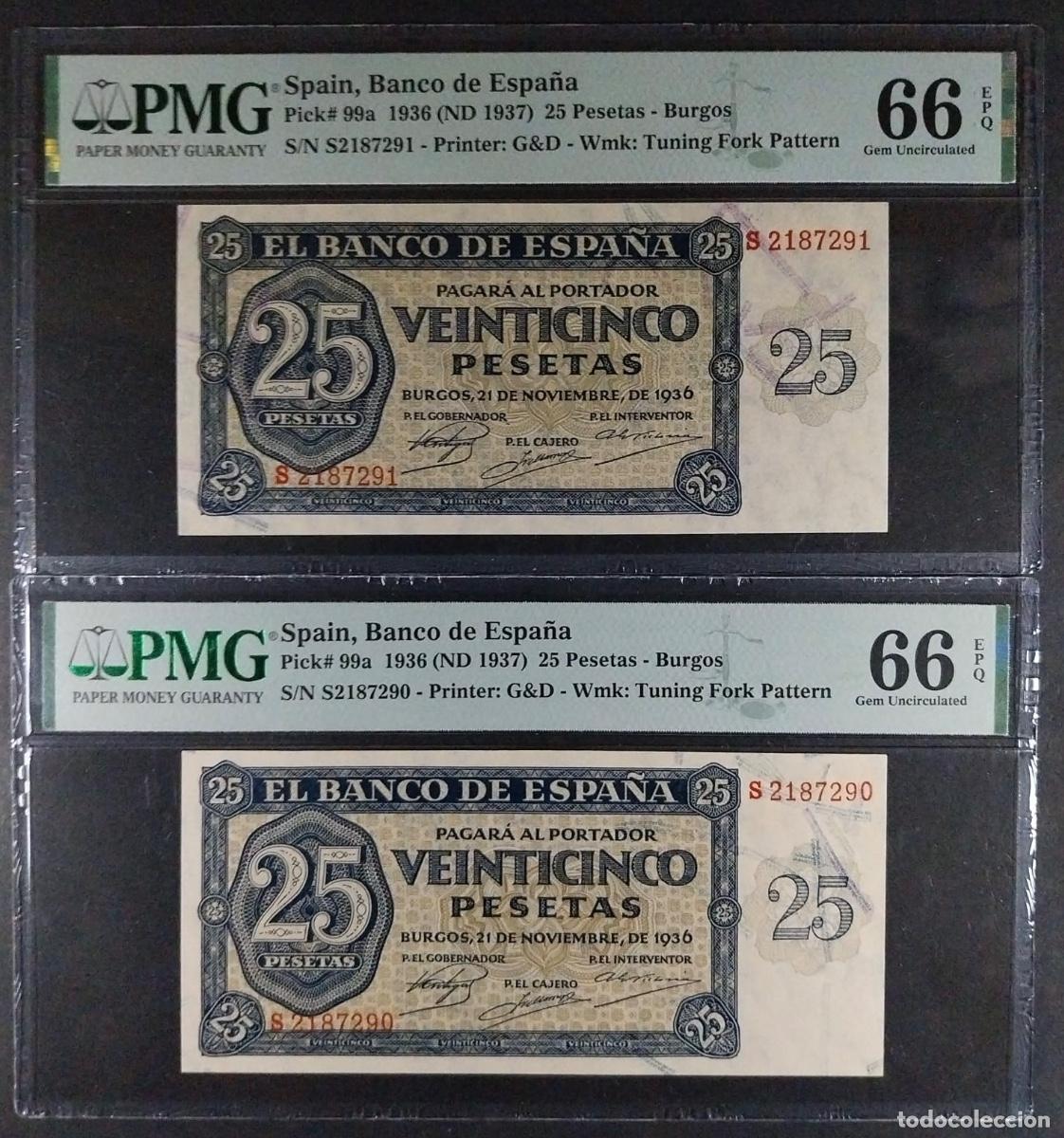 Spanische Banknoten: 25 pesetas 1936 Serie S .ULTIMA SERIE EMITIDA PMG 66 EPQ PAREJA CORRELATIVA