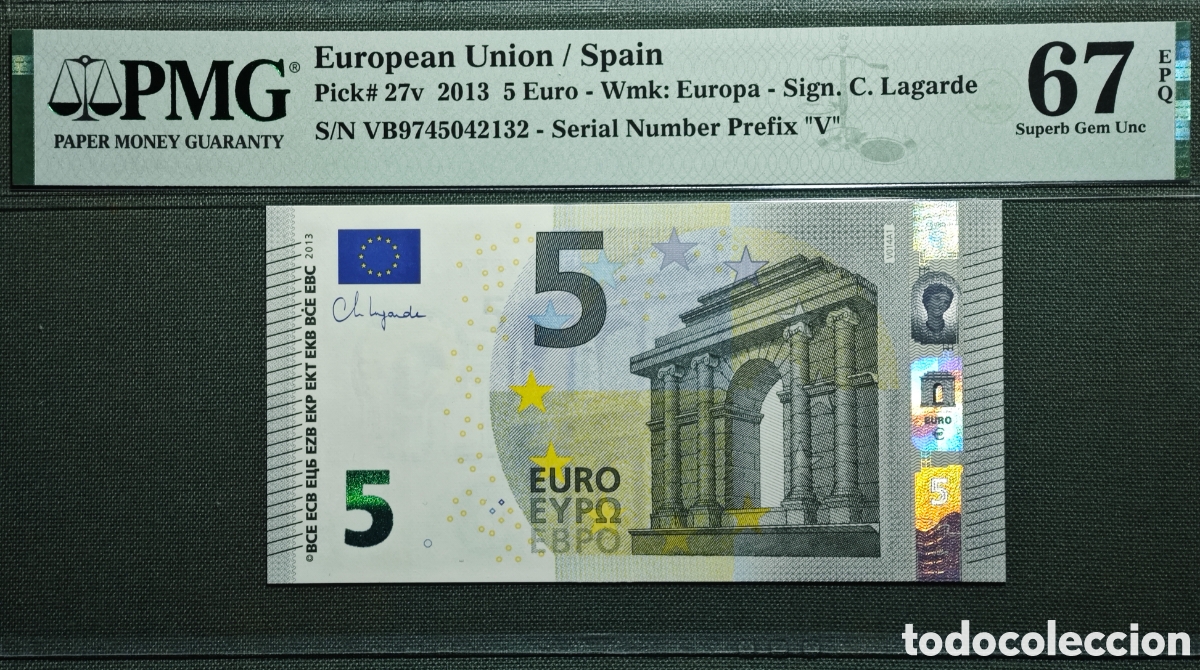 Billets espagnols: 5 EURO V014A1 VB 2013 ESPA&Ntilde;A LAGARDE PRIMERA POSICI&Oacute;N CERTIFICADO PMG 67 EPQ