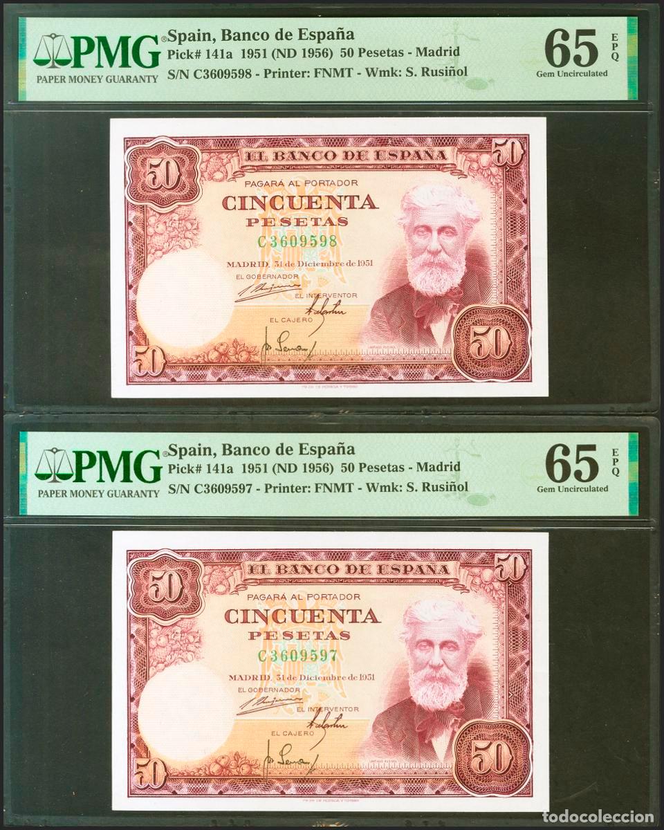 Banconote spagnole: 50 Pesetas. 31 de Diciembre de 1951. Pareja correlativa. Serie C. (EDifil 2021: 462a). Inusual en es