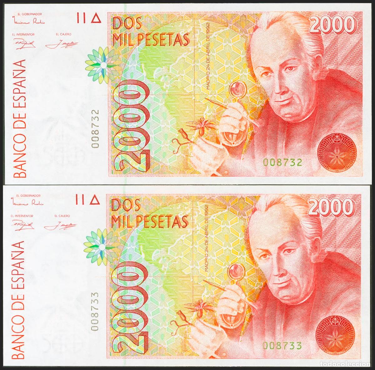 Banconote spagnole: 2000 Pesetas. 24 de Abril de 1992. Pareja correlativa. Sin serie y numeraci&oacute;n baj&iacute;sima. (Edifil 2021