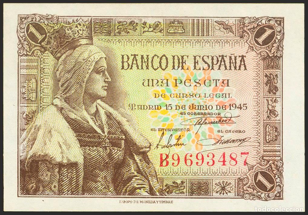 Banconote spagnole: 1 Peseta. 15 de Junio de 1945. Serie B. (Edifil 2021: 448a). Apresto original. SC.. 1 Peseta. 15 de