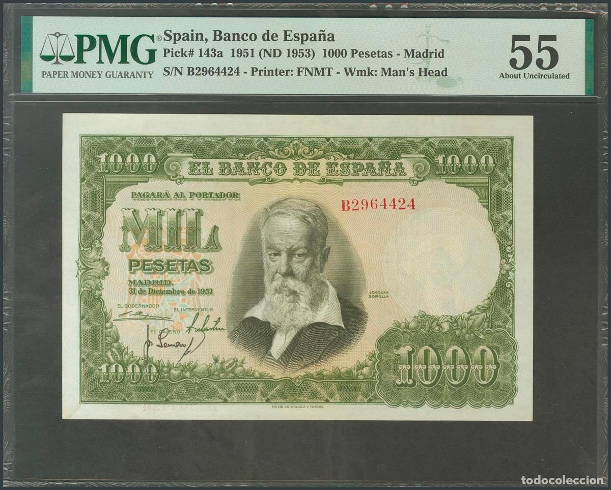 Banconote spagnole: 1000 Pesetas. 31 de Diciembre de 1951. Serie B. (Edifil 2017: 463a). EBC+. Encapsulado PMG55.. 1000