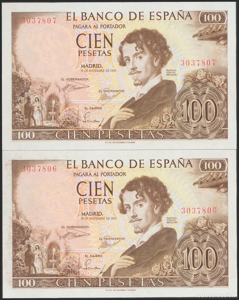 Banconote spagnole: 100 Pesetas. 19 de Noviembre de 1965. Pareja correlativa. Sin serie. (Edifil 2017: 470a). SC/SC-.. 1