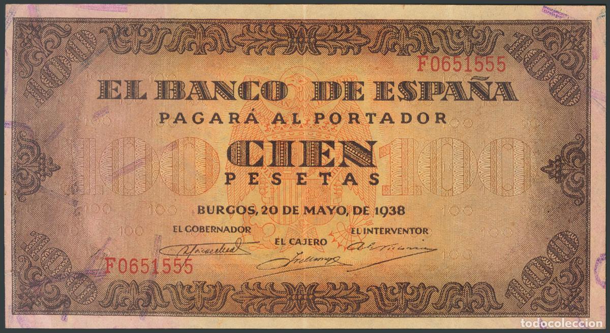 Banconote spagnole: 100 Pesetas. 20 de Mayo de 1938. Serie F. (Edifil 2017: 432a). Conserva parte del apresto original.