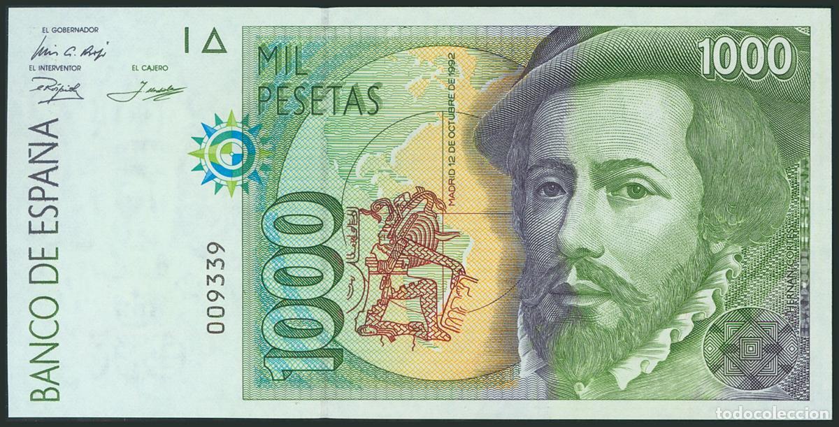 Banconote spagnole: 1000 Pesetas. 12 de Octubre de 1992. Sin serie y numeraci&oacute;n baja y capic&uacute;a imperfecto. (Edifil 2017: