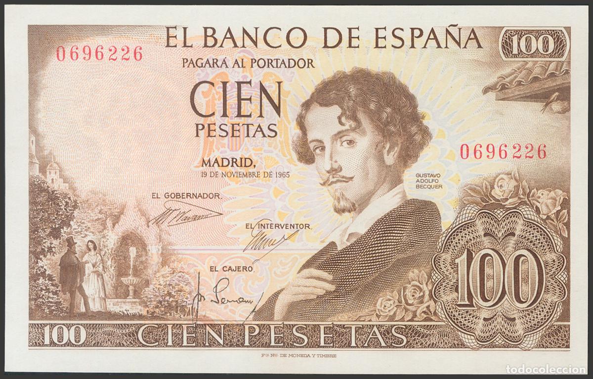 Banconote spagnole: 100 Pesetas. 19 de Noviembre de 1965. Sin serie y numeraci&oacute;n baja. (Edifil 2017: 470). Apresto origi