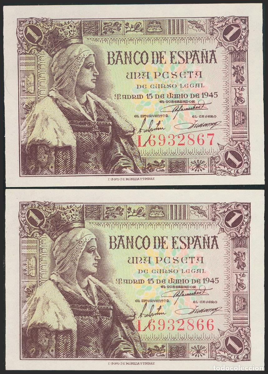 Banconote spagnole: 1 Peseta. 15 de Junio de 1945. Pareja correlativa. Serie L. (Edifil 2021: 448a). Apresto original. S