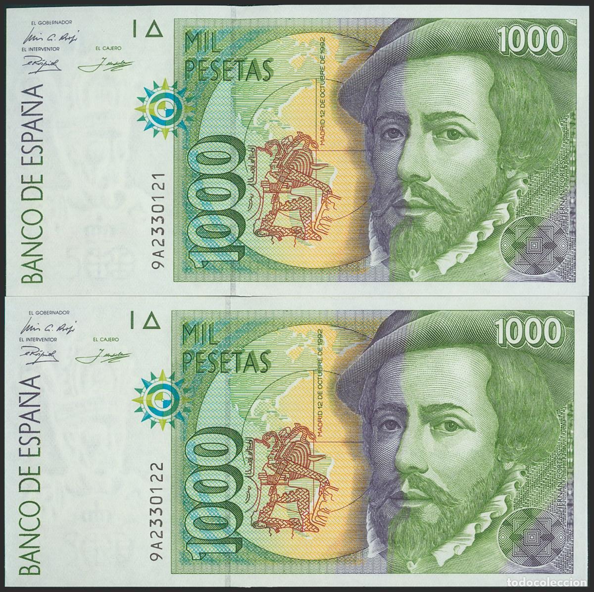 Banconote spagnole: 1000 Pesetas. 12 de Octubre de 1992. Pareja correlativa. Serie especial 9A. (Edifil 2021: 483c). SC.