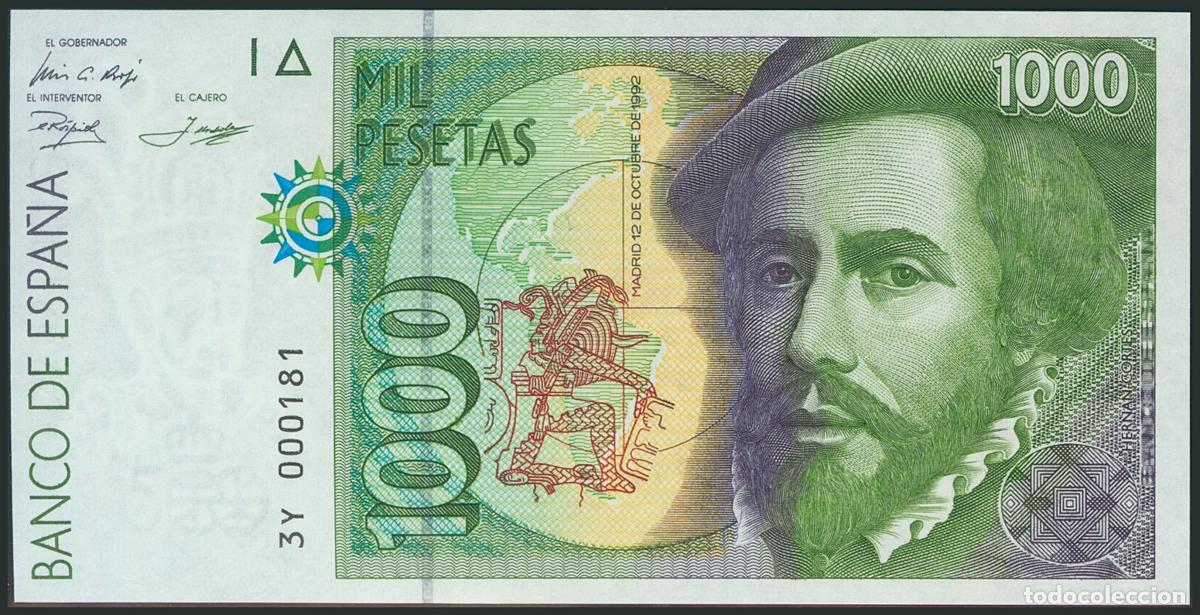 Notas espanholas: 1000 Pesetas. 12 de Octubre de 1992. Tipo II. Serie 3Y y numeraci&oacute;n baja y capic&uacute;a. (Edifil 2017: 48