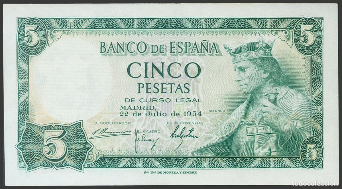 Notas espanholas: 5 Pesetas. 22 de Julio de 1954. Sin serie. (Edifil 2017: 466). Conserva todo su apresto original. SC