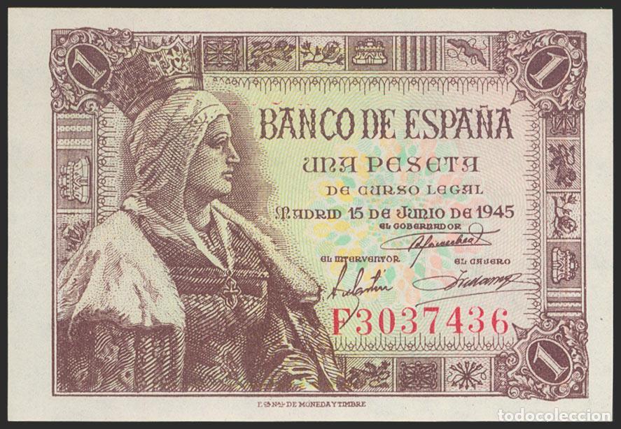 Notas espanholas: 1 Peseta. 15 de Junio de 1945. Serie F. (Edifil 2021: 448a). Apresto original. SC.. 1 Peseta. 15 de